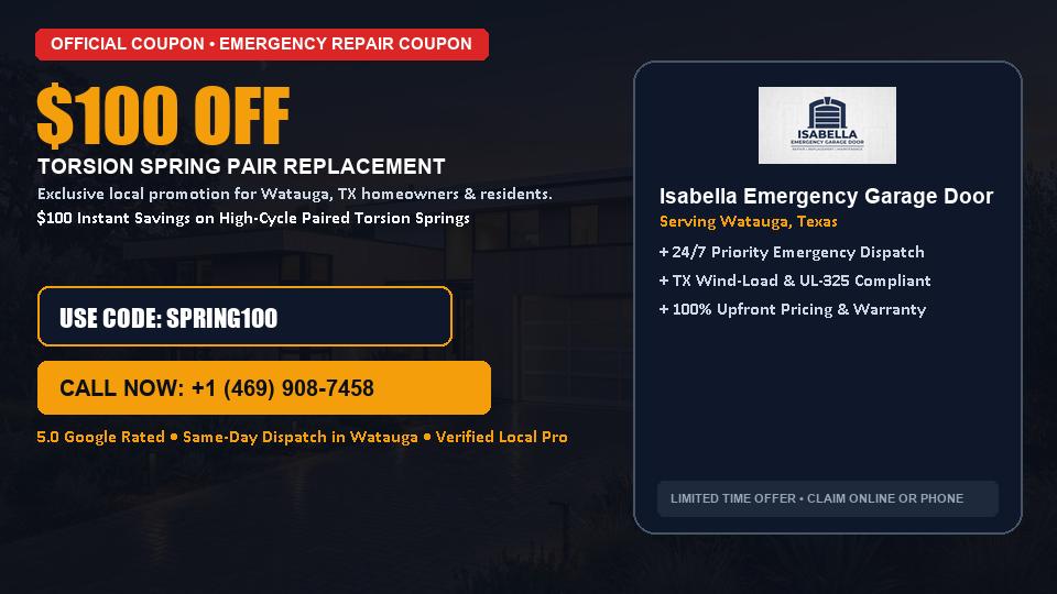 $100 OFF Dual High-Cycle Torsion Spring Replacement in Watauga, TX - Isabella Emergency Garage Door