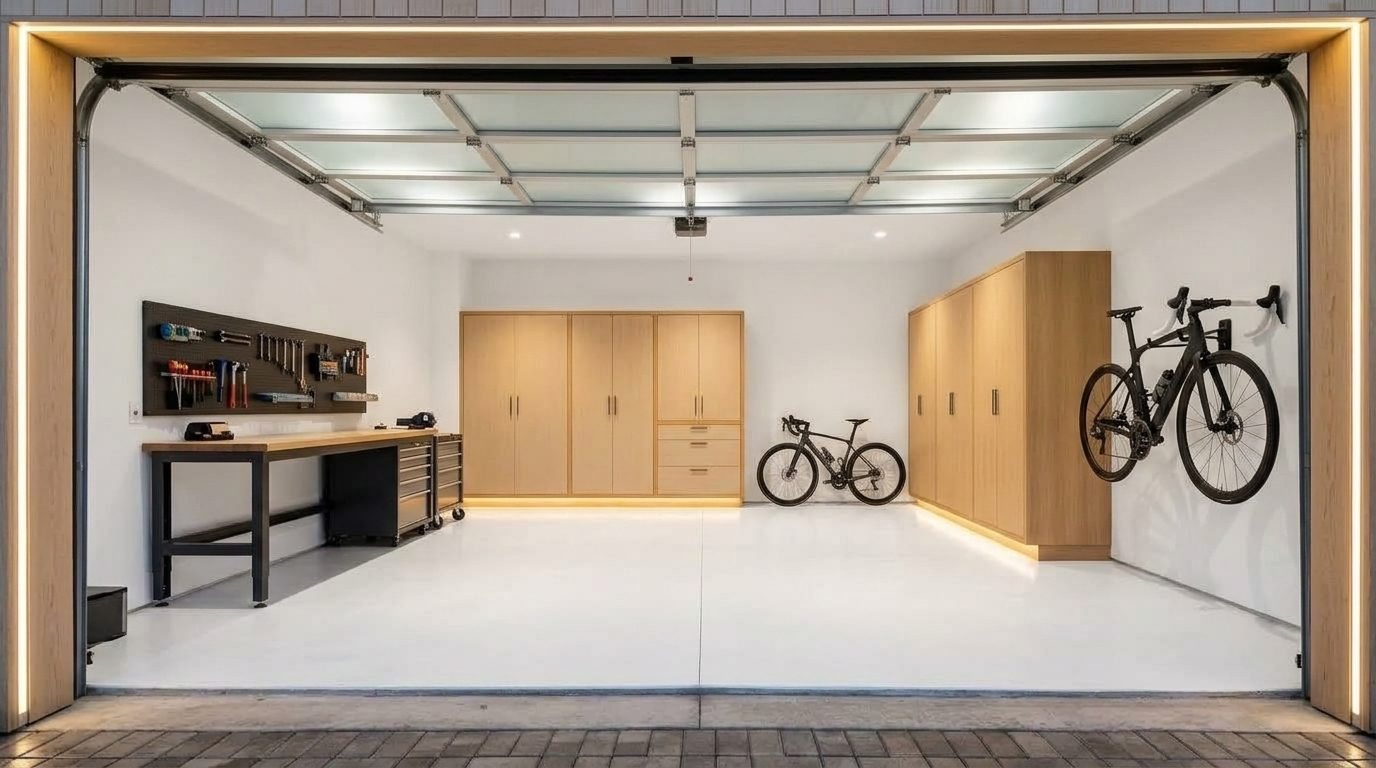Isabella Emergency Garage Door Interior View of Custom Garage Door Overhead and Workshop